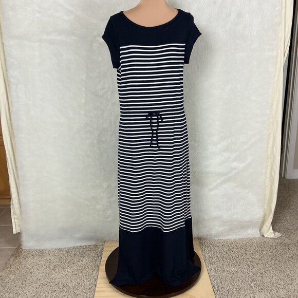 T Talbots Navy Blue & White Stripe Short Sleeve Drawcord Maxi Dress NWT L - Picture 1 of 7